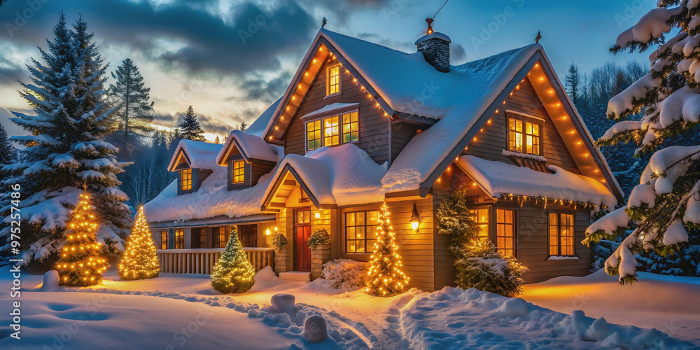 Beautiful house with Christmas lights in a small romantic snowy village, house, Christmas lights, romantic, snowy, village