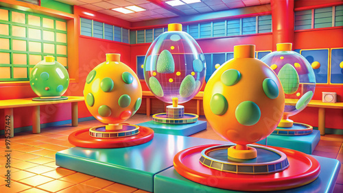 A futuristic laboratory filled with colorful, glowing orbs on display stands. The room has a vibrant atmosphere with bright walls and a tiled floor.