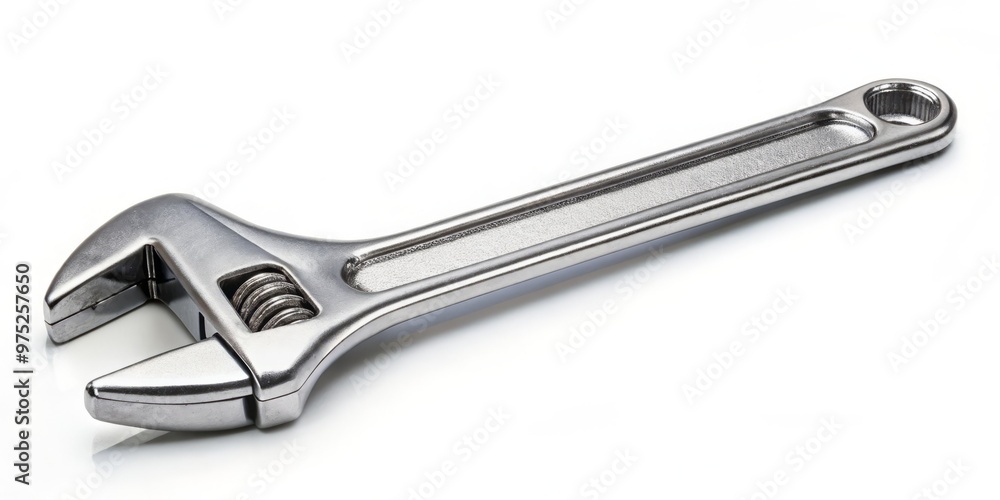 A shiny metallic wrench rests on a pristine white background, its curves and ridges radiating a sense of A shiny metallic wrench rests on a pristine white background, its curves and ridges radiating a sense of