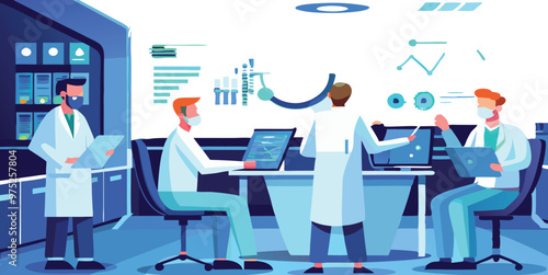 Scientists working in a modern laboratory. Three researchers collaborate using computers and analyzing data displayed on screens and whiteboards.