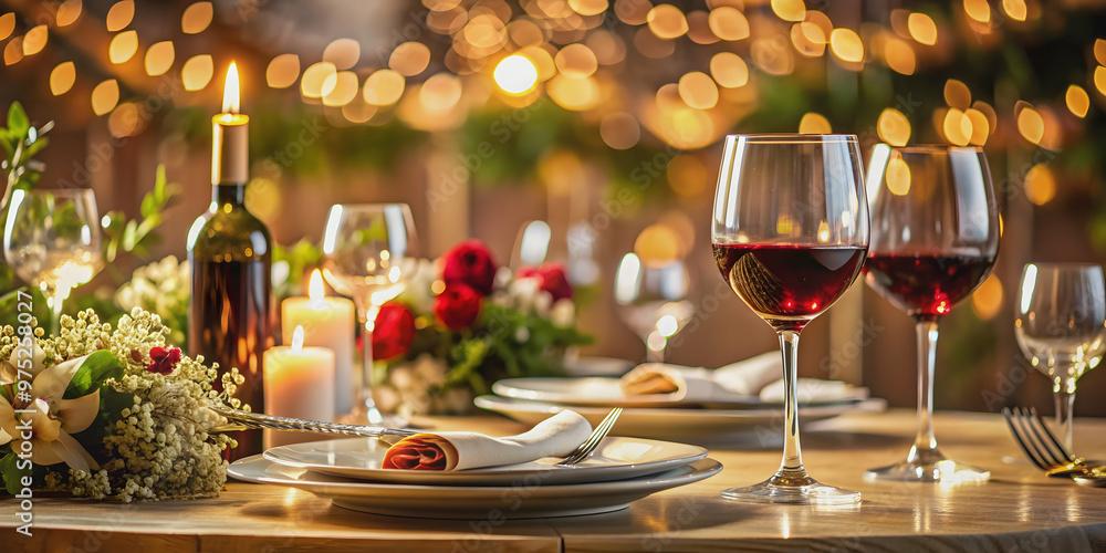 Elegant dinner table setting with red wine, romantic, dinner, elegant, table, setting, wine, red, glass, candle, flowers Elegant dinner table setting with red wine, romantic, dinner, elegant, table, setting, wine, red, glass, candle, flowers