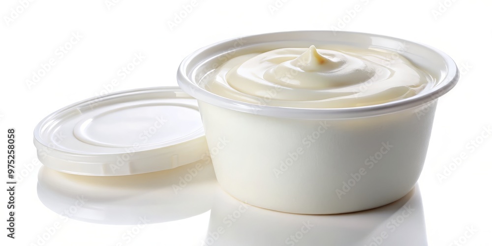 A small, transparent plastic container with a sealed lid sits proudly on a pristine white background, its creamy A small, transparent plastic container with a sealed lid sits proudly on a pristine white background, its creamy