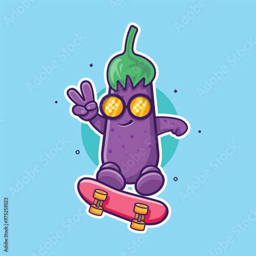 cool eggplant vegetable character mascot playing skateboard isolated cartoon