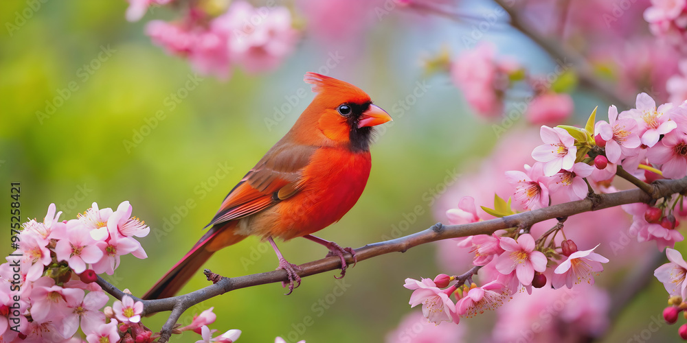 A beautiful cardinal perched on a branch surrounded by vibrant floral blooms, cardinal, bird, wildlife, nature, floral A beautiful cardinal perched on a branch surrounded by vibrant floral blooms, cardinal, bird, wildlife, nature, floral