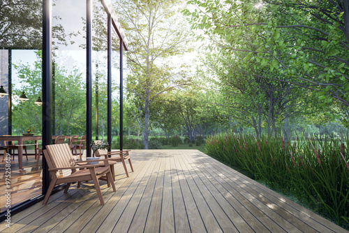 Fototapeta Naklejka Na Ścianę i Meble -  Modern contemporary wooden terrace surrounded by nature 3d render, There is a large glass window with a reflection of the surrounding nature. Decorated with wooden chairs