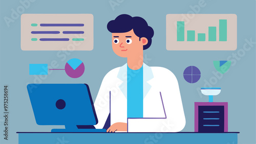 Young scientist in the laboratory There is a screen showing graphs and charts. Working atmosphere for research and data analysis