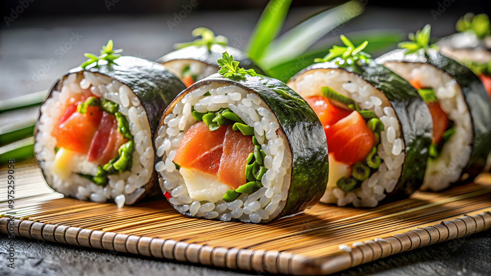 Freshly made sushi roll with salmon and tuna, wrapped in nori and rice, a popular dish in Asian cuisine, sushi, roll, seafood, maki Freshly made sushi roll with salmon and tuna, wrapped in nori and rice, a popular dish in Asian cuisine, sushi, roll, seafood, maki