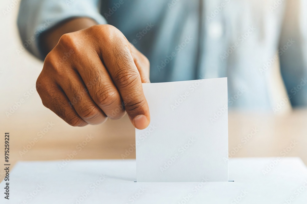 Close-up of a ballot with a hand placing it inside a protective sleeve, vote protection, voter security. Close-up of a ballot with a hand placing it inside a protective sleeve, vote protection, voter security.