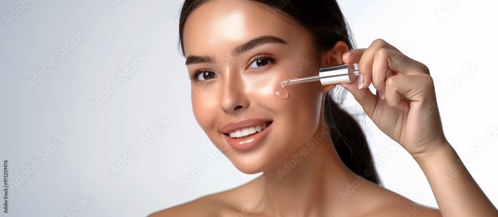 Smiling Latina Woman Applying Hyaluronic Acid Serum, Enriched with Vitamin C and Niacinamide for Hydration and Radiant Skin, Solid White Background, Copy Space.