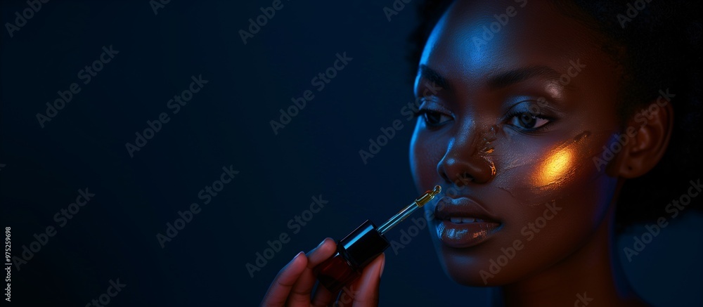Obraz premium Afro-American Woman Applying Hyaluronic Acid Serum, Enriched with Vitamin C and Niacinamide for Hydration and Radiant Skin, Copy Space