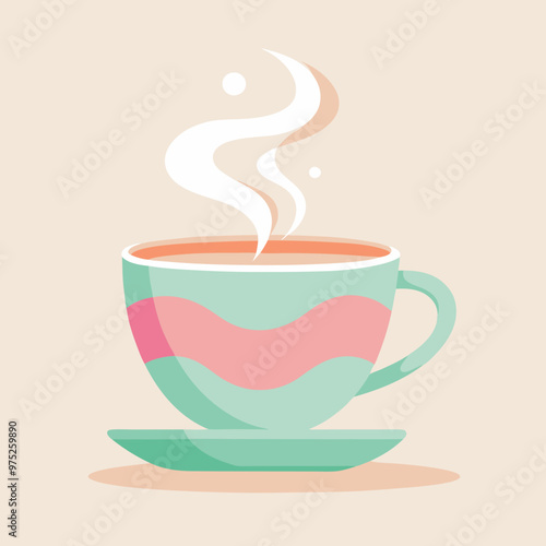 Stylized illustration of a steaming cup of coffee on a saucer with abstract design