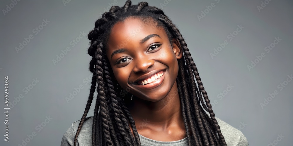 A young Black woman with intricate braids stands confidently against a neutral backdrop, a warm smile radiating. A young Black woman with intricate braids stands confidently against a neutral backdrop, a warm smile radiating.