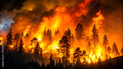 Intense forest fire blazing with bright orange flames against a dark night sky, forest fire, intense, blazing, flames, bright