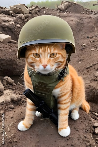 Wallpaper Mural orange cat in world war 3 wearing protection armor. survival for fittest. Generative AI Torontodigital.ca