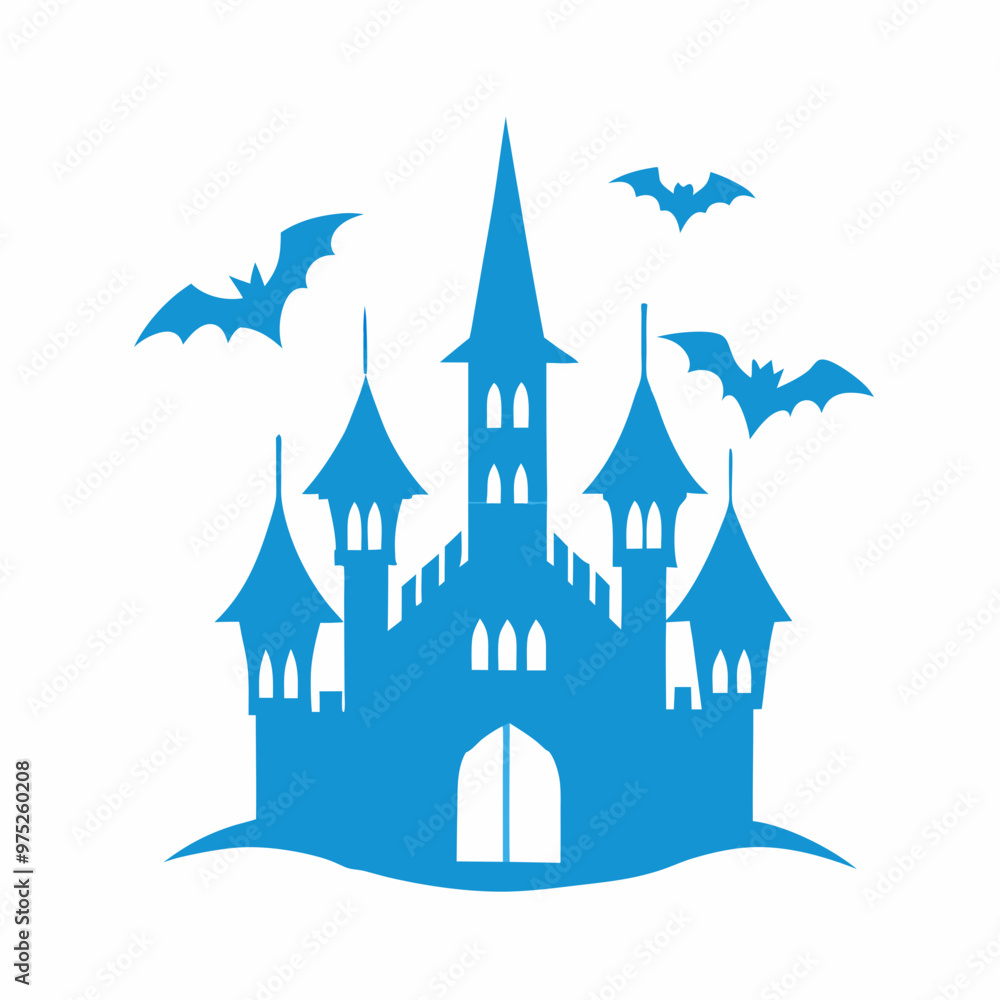 Silhouette illustration of a haunted castle with bats flying around in a spooky design Silhouette illustration of a haunted castle with bats flying around in a spooky design