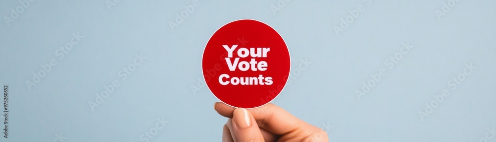 Hand holding a sticker that reads Your Vote Counts, voter motivation, election importance. Hand holding a sticker that reads Your Vote Counts, voter motivation, election importance.