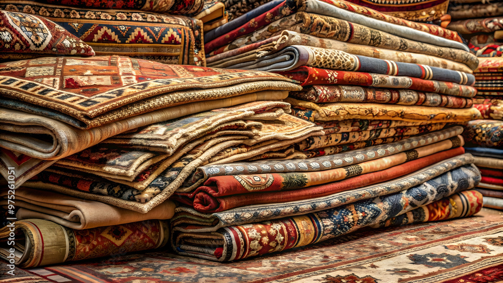 Oriental rugs and carpets stacked in a messy pile , oriental, rugs, carpets, vintage, traditional, colorful, decor Oriental rugs and carpets stacked in a messy pile , oriental, rugs, carpets, vintage, traditional, colorful, decor