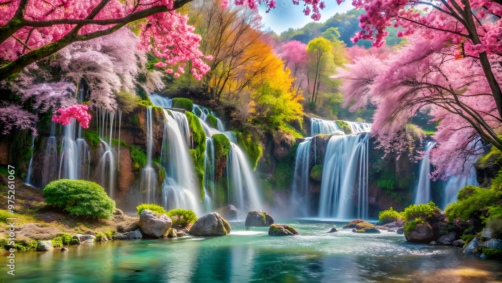 Naklejka premium A stunning paradise with blooming sakura trees, colorful flowers, and picturesque waterfalls, Paradise, Sakura, Trees, Flowers