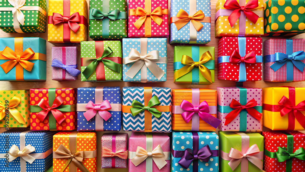 Colorful collection of gift boxes with various patterns and bows, gift boxes, colorful, patterns, bows, festive Colorful collection of gift boxes with various patterns and bows, gift boxes, colorful, patterns, bows, festive