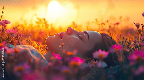 A serene woman lies among colorful flowers, basking in the golden glow of sunset, embodying tranquility and natural beauty. photo