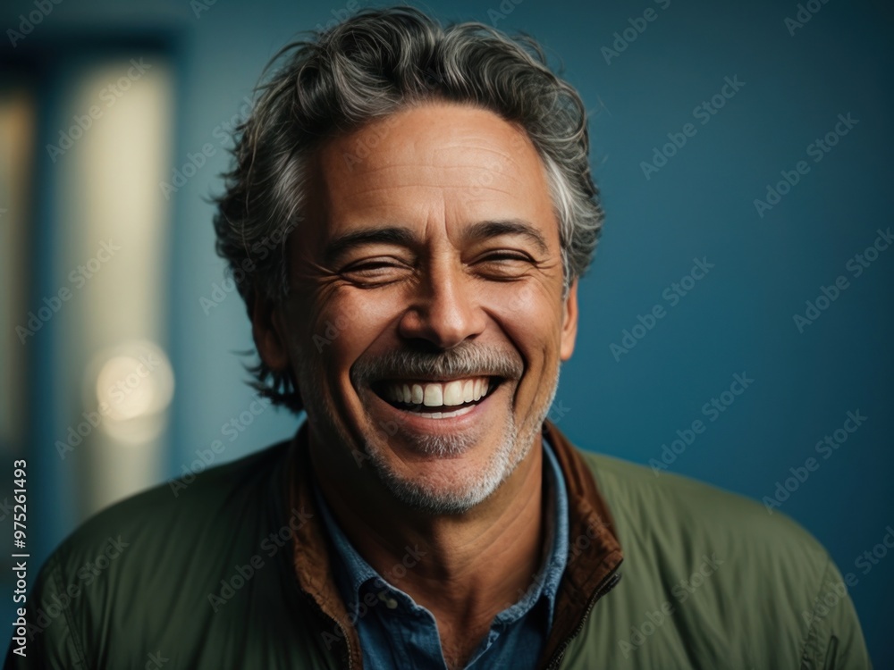 Fototapeta premium Middle aged man laughs against a blue background