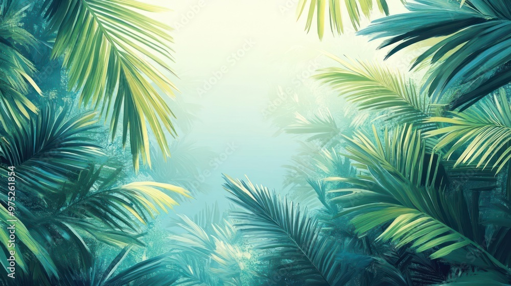 A serene jungle landscape with lush green foliage and tropical plants, A serene jungle landscape with lush green foliage and tropical plants,