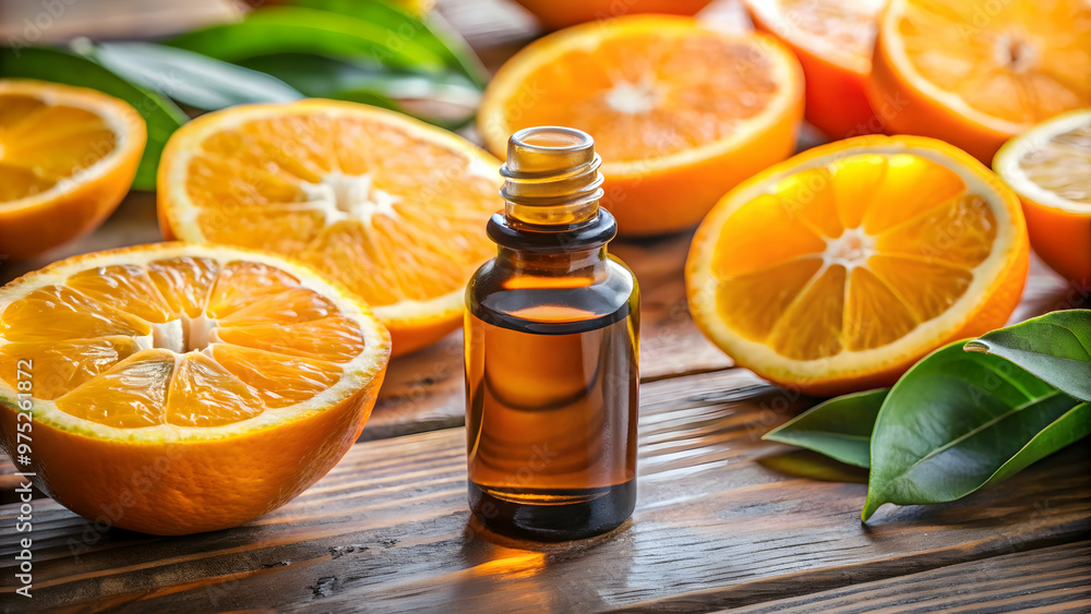 Close-up of a bottle of essential oil with fresh orange slices , essential oil, aromatherapy, orange, citrus, bottle, organic