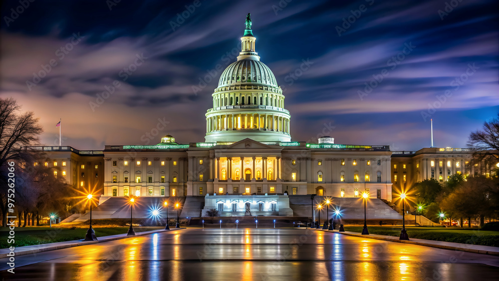 Fototapeta premium Capitol building illuminated at night on Capitol Hill in Washington DC, Washington DC, Capitol building