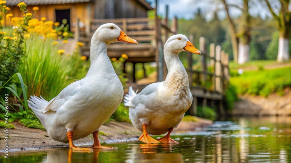 Domestic Pekin ducks, with their soft quacks and fluffy feathers, waddle leisurely around the rustic barnyard, pausing Domestic Pekin ducks, with their soft quacks and fluffy feathers, waddle leisurely around the rustic barnyard, pausing