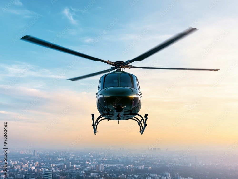 Aerial view of a helicopter flying over a cityscape during sunset, showcasing innovation and adventure in urban transportation. Aerial view of a helicopter flying over a cityscape during sunset, showcasing innovation and adventure in urban transportation.
