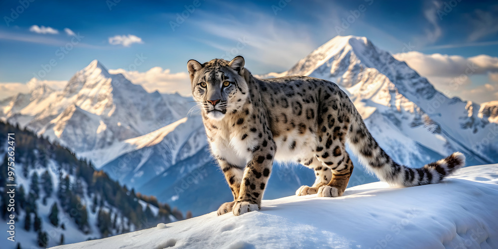Fototapeta premium Snow leopard stealthily stalking prey on snowy mountain slope with scenic peaks in background, snow leopard, stalking