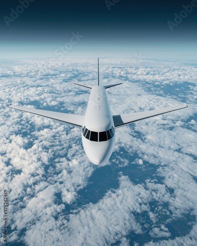 Aerial view of a modern airplane flying above clouds, showcasing travel and adventure in the vast blue sky.