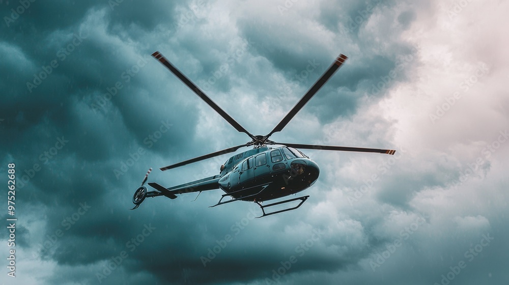 Helicopter flying through dramatic cloudy sky, showcasing dynamic aerial transport amidst turbulent weather conditions. Helicopter flying through dramatic cloudy sky, showcasing dynamic aerial transport amidst turbulent weather conditions.
