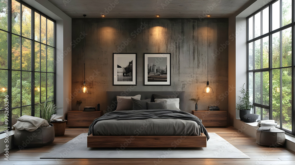 A modern bedroom with a concrete wall, large windows, a wooden bed frame, and a gray bedding. A modern bedroom with a concrete wall, large windows, a wooden bed frame, and a gray bedding.