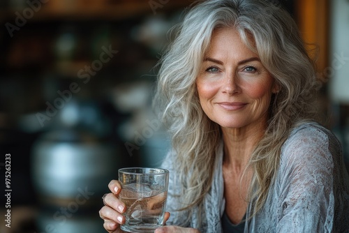 Elegant Senior Woman in Portrait, Holding a Glass of Water, Radiating Beauty and Calm Serenity