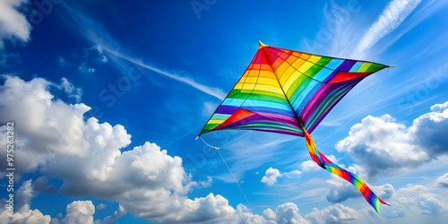 Vibrant kite flying high in the blue sky on a sunny day, kite, colorful, sky, flying, sunny, day, fun, outdoor, activity