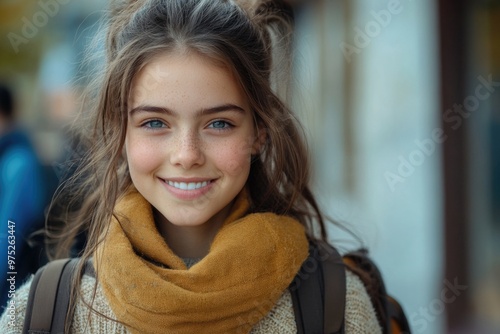 Cheerful Brunette Girl in School Uniform Holding Backpack, Waiting for Classmate on Green Street