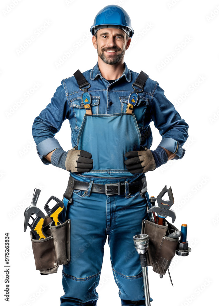 A man in a blue work uniform is smiling and holding a tool A man in a blue work uniform is smiling and holding a tool