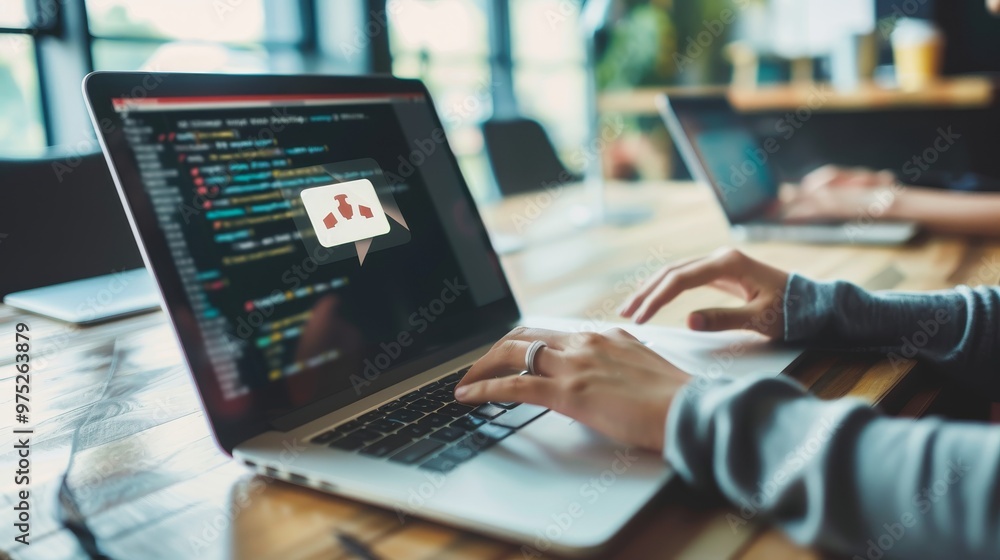 Close-up of Hands Typing Code on Laptop with Chat Icon, Software Development, Web Design, Programming Close-up of Hands Typing Code on Laptop with Chat Icon, Software Development, Web Design, Programming