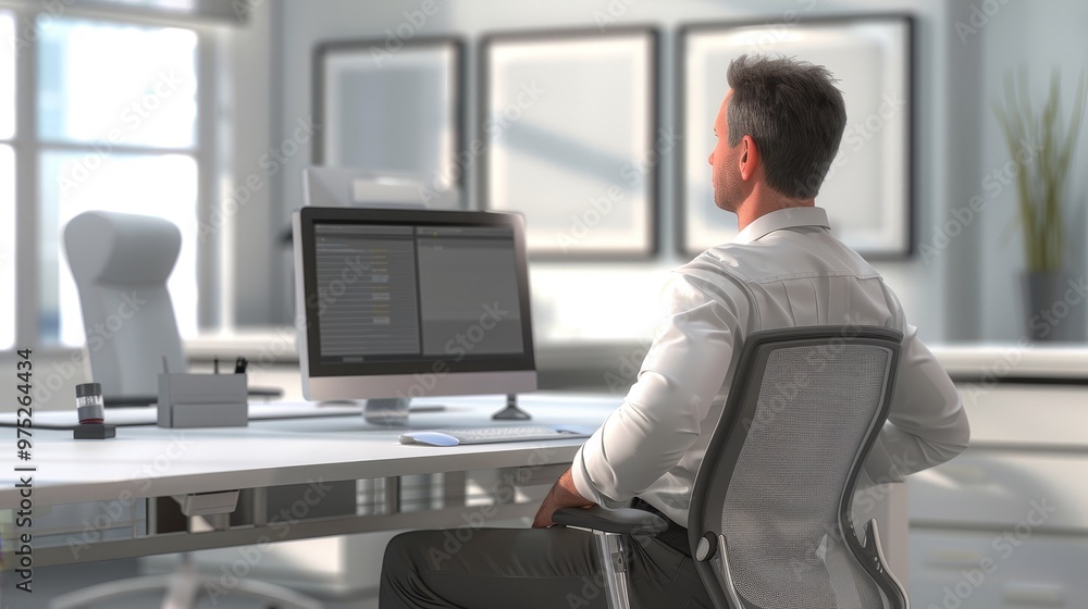 Man Sitting in Office Chair with Computer, Digital Art, 3D Rendered, Office, Workspace, Desk, Business Man Sitting in Office Chair with Computer, Digital Art, 3D Rendered, Office, Workspace, Desk, Business