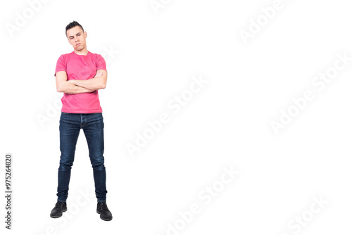 Bored male with crossed arms. White background