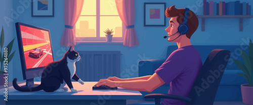 Man working from home with cat photo