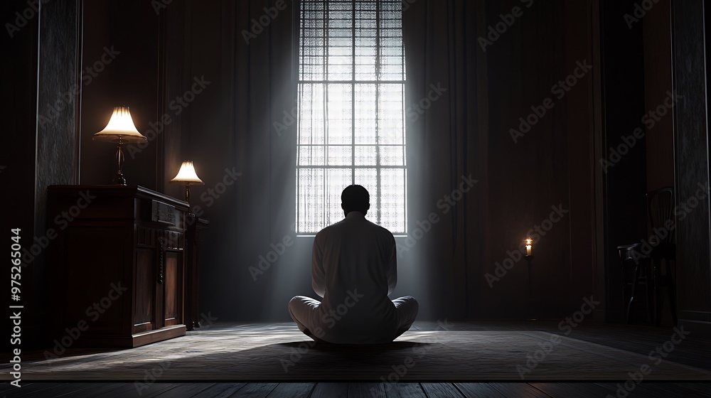 A Muslim man is praying in the mosque. He sits on his knees and prays facing upwards A Muslim man is praying in the mosque. He sits on his knees and prays facing upwards