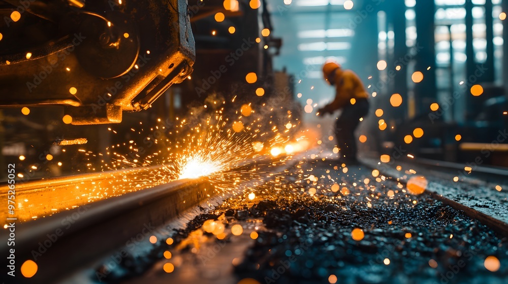 A worker welding a railroad track in a factory. A worker welding a railroad track in a factory.