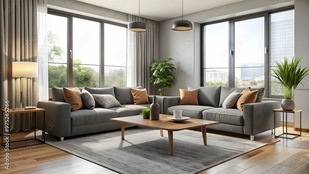 Modern living room interior with grey sofas and coffee table near window, modern, living room, interior, grey Modern living room interior with grey sofas and coffee table near window, modern, living room, interior, grey
