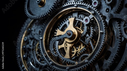  Detailed close-up of an old clock mechanism with gears and metal components