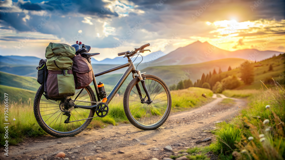 Bicycle loaded with bags and travel gear for adventure , Adventure, travel, backpacking, exploration, biking, outdoor Bicycle loaded with bags and travel gear for adventure , Adventure, travel, backpacking, exploration, biking, outdoor
