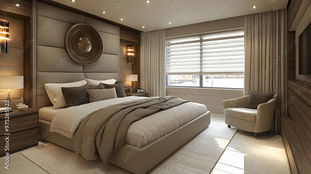 A modern bedroom with a king-size bed, a large window, and a comfortable armchair. The room is decorated in shades of brown and beige. A modern bedroom with a king-size bed, a large window, and a comfortable armchair. The room is decorated in shades of brown and beige.