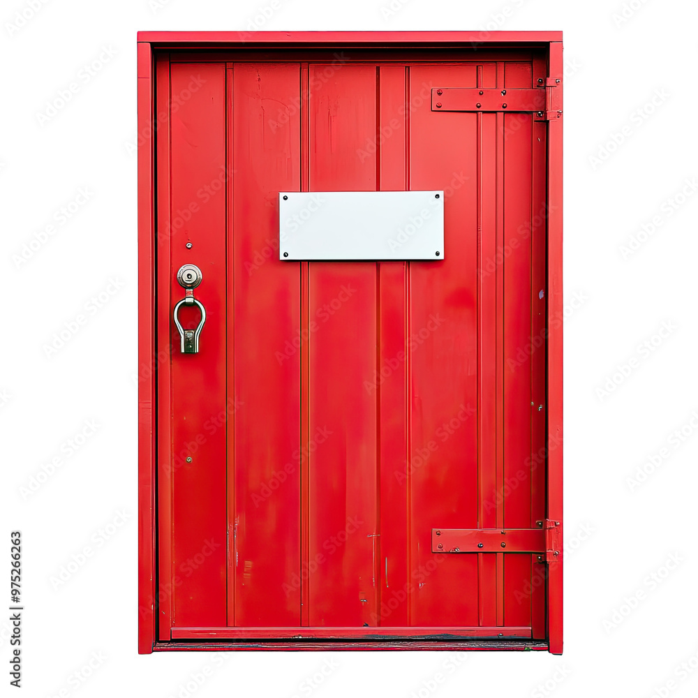 Red Metal Door With White Padlock - Emphasizing Security Features and Contrasting Colors for Stock Photo. Urban Green Spaces. Isolated on a Transparent Background. Cutout PNG. Red Metal Door With White Padlock - Emphasizing Security Features and Contrasting Colors for Stock Photo. Urban Green Spaces. Isolated on a Transparent Background. Cutout PNG.