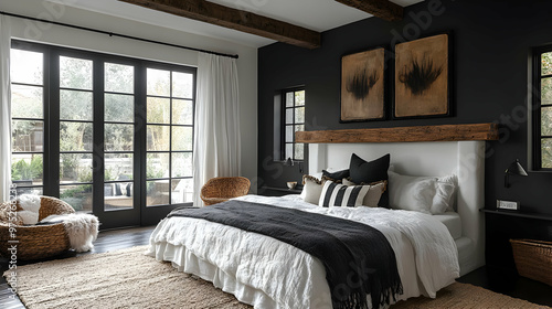 A modern bedroom with a king-size bed, black walls, and large windows overlooking a patio.